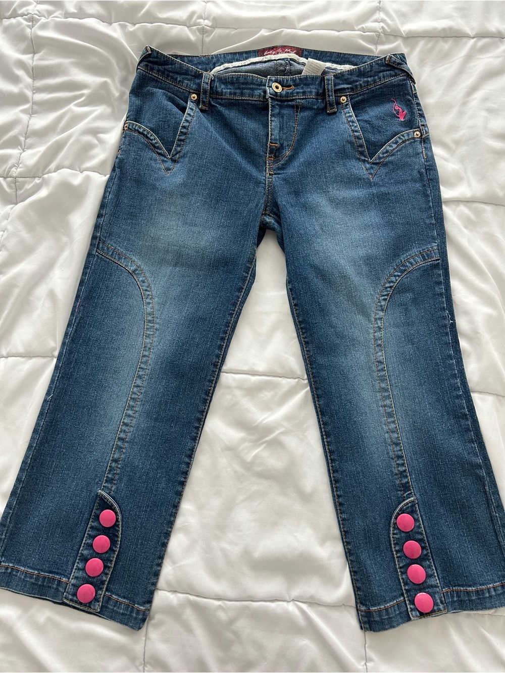 Baby Phat Dark Blue Cropped Jeans with Pink Button Accents